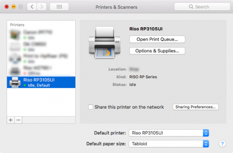 Mac OS X Printers & Scanners Panel Showing a Riso RP Printer