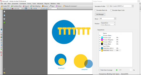 2-color file open in Adobe Acrobat with Output Preview window open